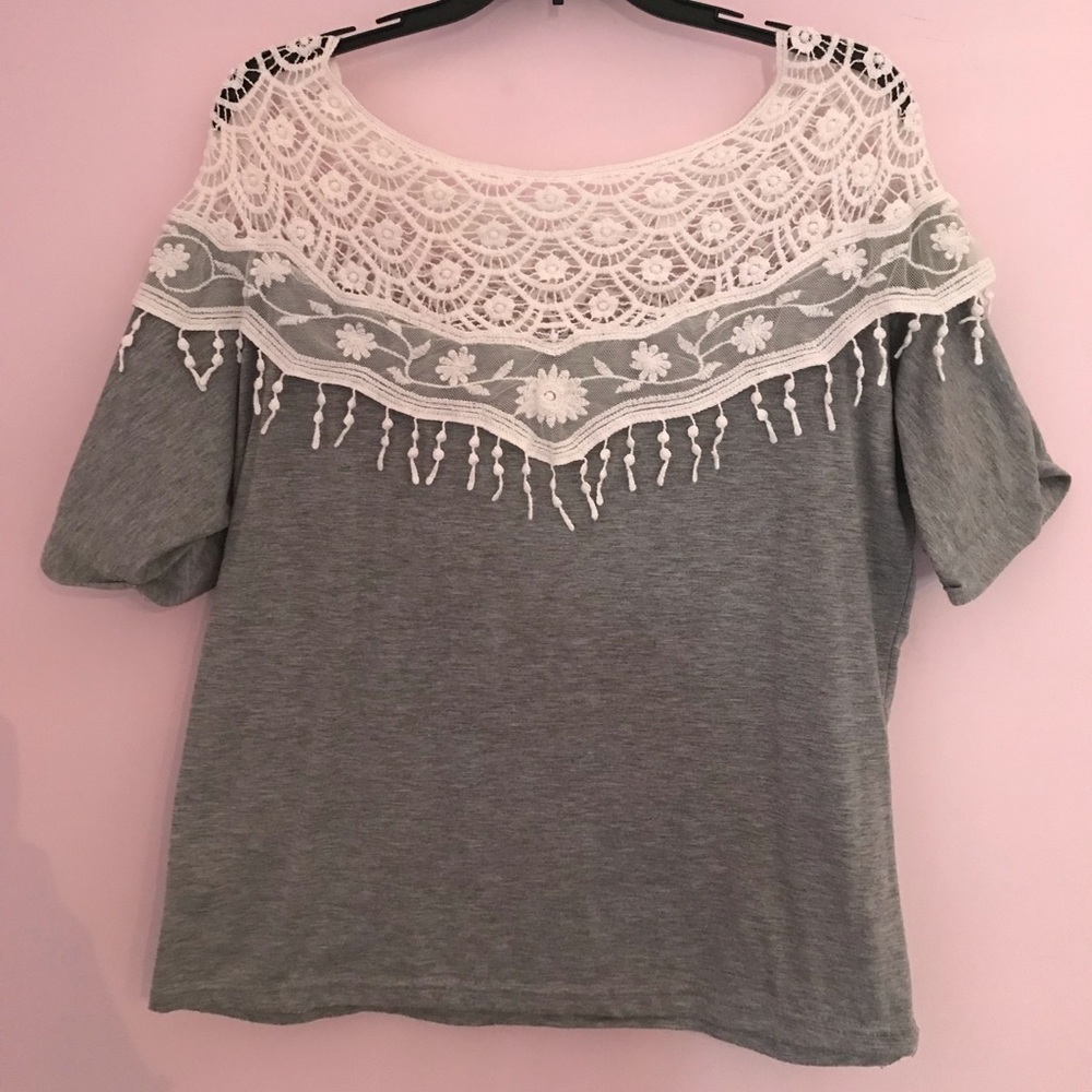 Casual gray shirt w/ lace along the neckline